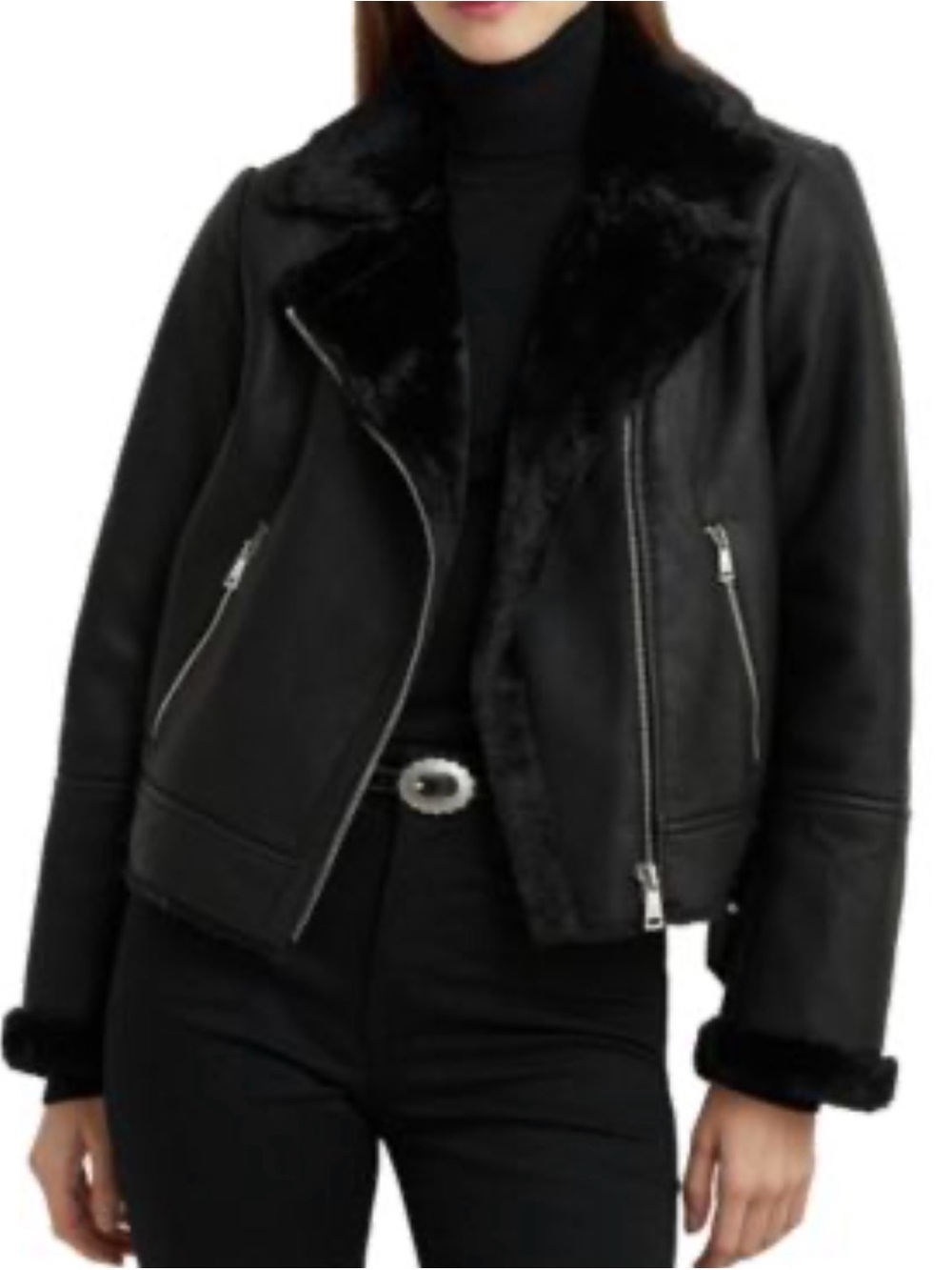 Black Faux Shearling Moto Jacket - Women